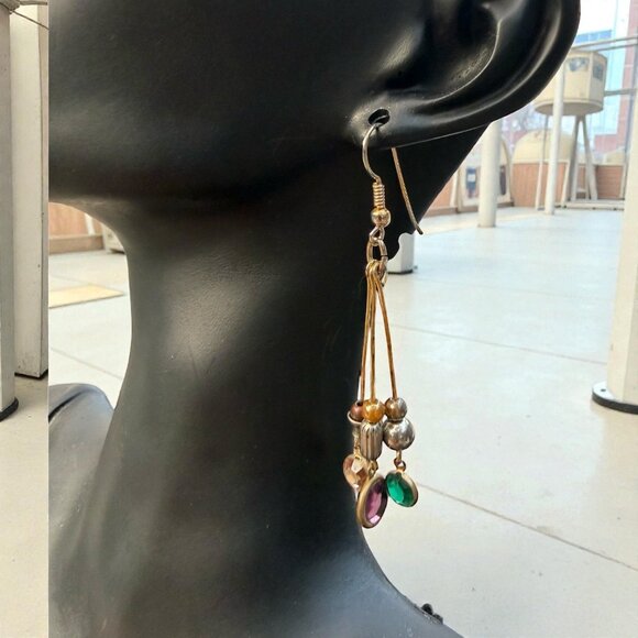 VINTAGE Gold-Tone Triple Strand Multicolor Crystal Earrings & Mixed Metal Beads - Picture 5 of 7